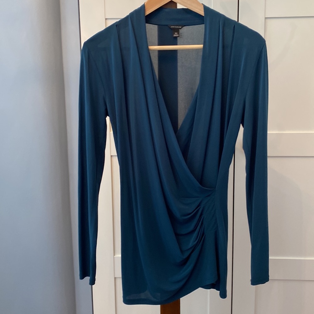 Ann Taylor faux wrap, v-neck dress shirt in dark green